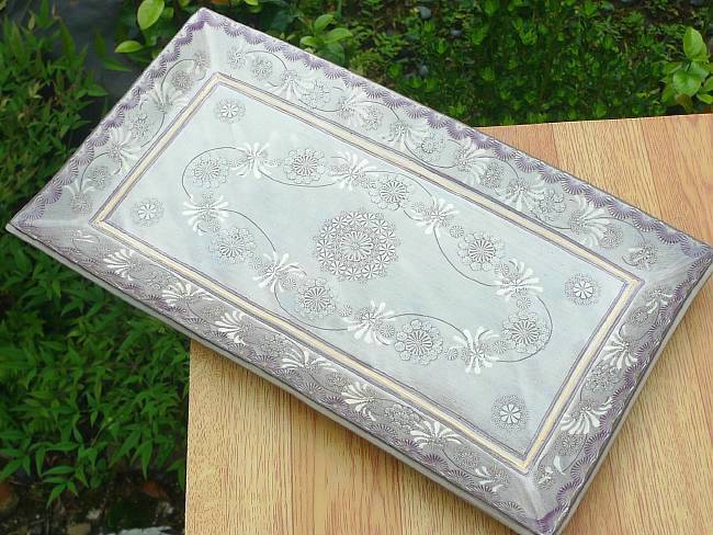 京焼 清水焼 紫彩花紋長角皿