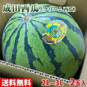 【送料無料】千葉県産　成田西瓜 （クリーム西瓜） 秀品　2L〜3Lサイズ　2玉入 （箱）