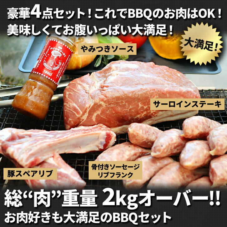 【6/4～10％オフ】楽天スーパーSALE BBQ肉 3点+ソース 豪華4点セット( サーロインステーキ ・ ブロック 1kg 豚スペアリブ ・500g-600g 骨付きソーセージ リブフランク ) bbq バーベキュー 焼き肉セット アウトドア キャン 2