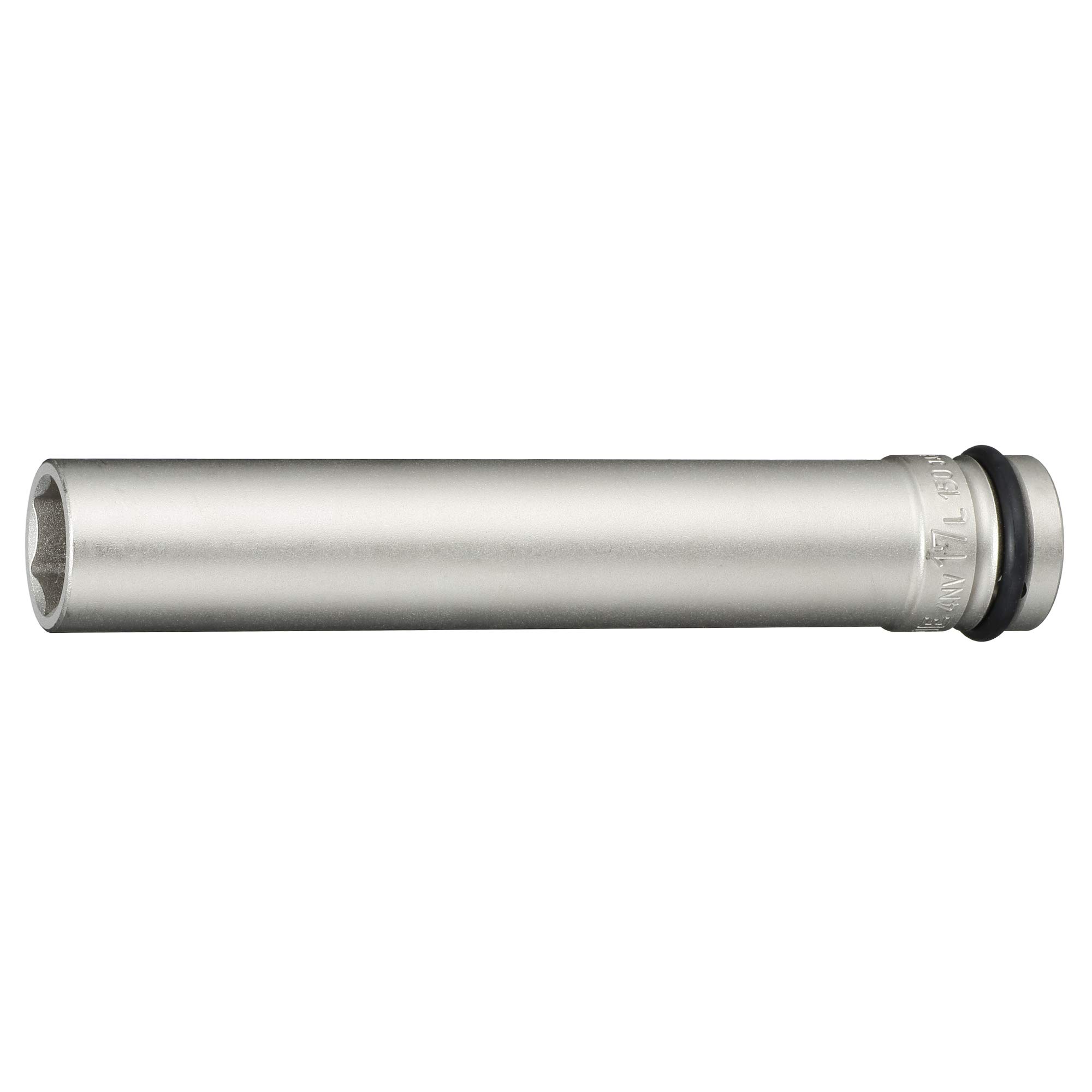-/4NV-17L150:二面幅:17mm/4NV-17L150・Size:4NV-17L150:二面幅:17mm・パッケージ個数:1・対辺寸法(mm):17・差込角(mm):12.7・全長(mm):150・生産国:日本●無電解メッキのインパクト用ソケットです。