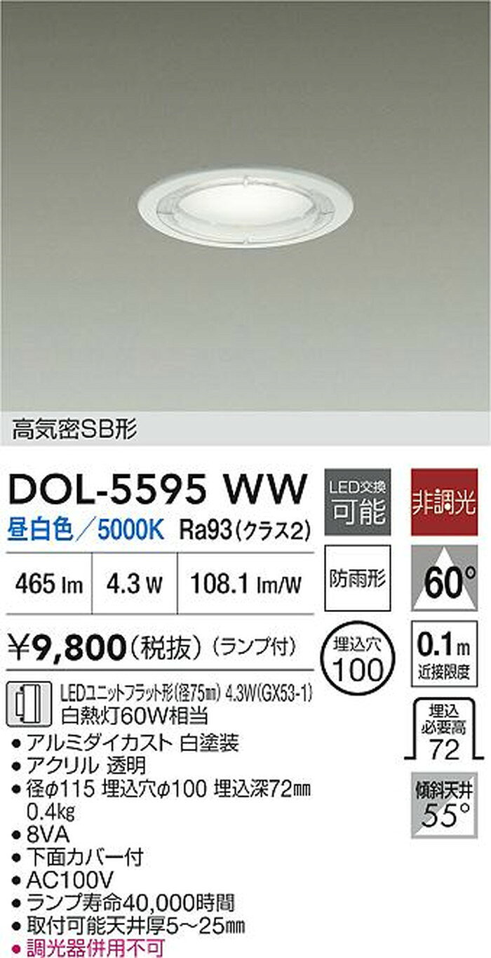 DOL5595WW 大光電機 ダウンライト 埋込穴Φ100 白熱灯器具60W相当 昼白色 5000K 配光60° 防雨型 DOL-5595WW [2]
