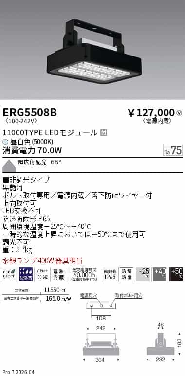ERG5508B 遠藤照明 高天井用照明 水銀ランプ400W器具相当 昼白色 5000K 11000TYPE 防雨防湿型 shomeidepot-10042253 照明デポ サンプル画像2