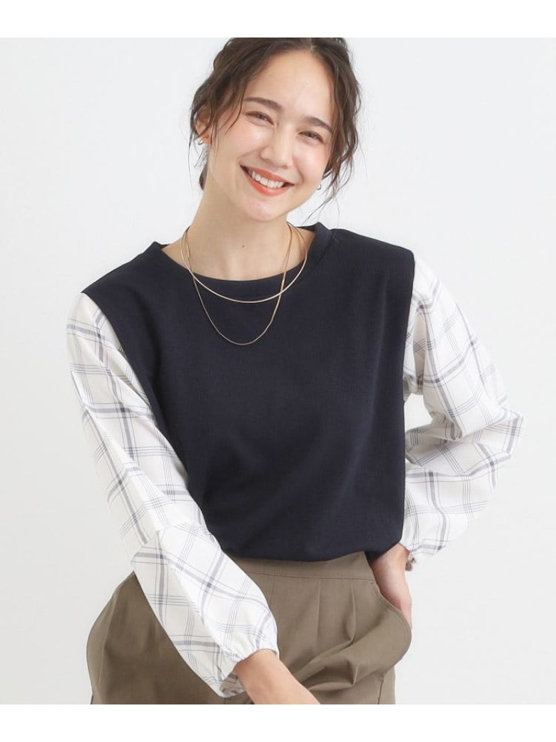 【SALE／20%OFF】【S-LL】1枚できまる お袖チェック 異素材使いトップス SHOO・LA・RUE シューラルー ..