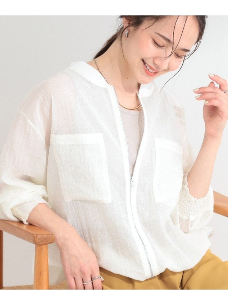 Rakuten - 【S-LL/洗濯機可】大人の上品カジュアルに 程よい透け感のシアーリブブルゾン SHOO・LA・RUE シューラルー ジャケット・アウター ブルゾン・ジャンパー グレー ホワイト グリーン【送料無料】[Rakuten Fashion]