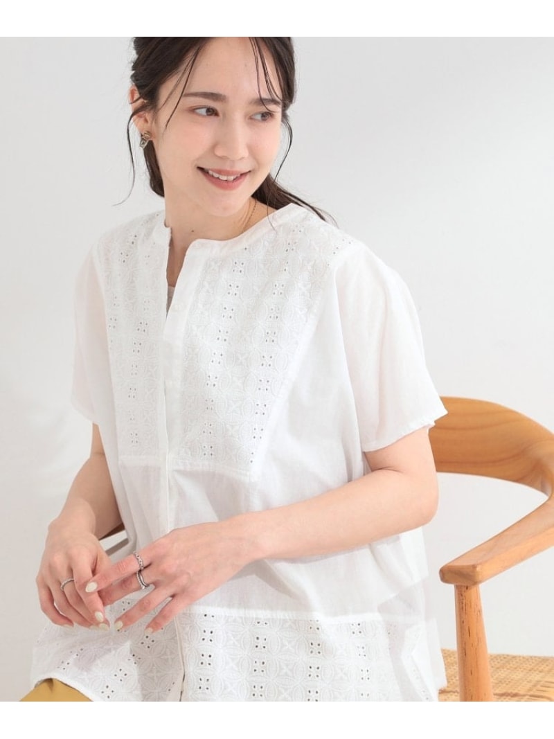Rakuten - 【体型カバー/S~LL】インせず着られて刺繍が目を引く 切替ノーカラーブラウス SHOO・LA・RUE シューラルー トップス シャツ・ブラウス ネイビー イエロー ホワイト[Rakuten Fashion]