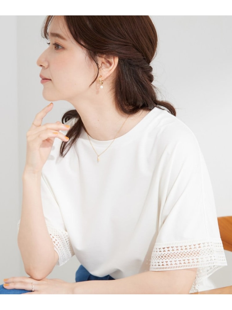 乐天商城 - 【ひんやり/UV/洗濯機可】お袖レースが上品 ゆったりとろみトップス SHOO・LA・RUE シューラルー トップス カットソー・Tシャツ ブルー ブラック ブラウン ホワイト【先行予約】*[Rakuten Fashion]
