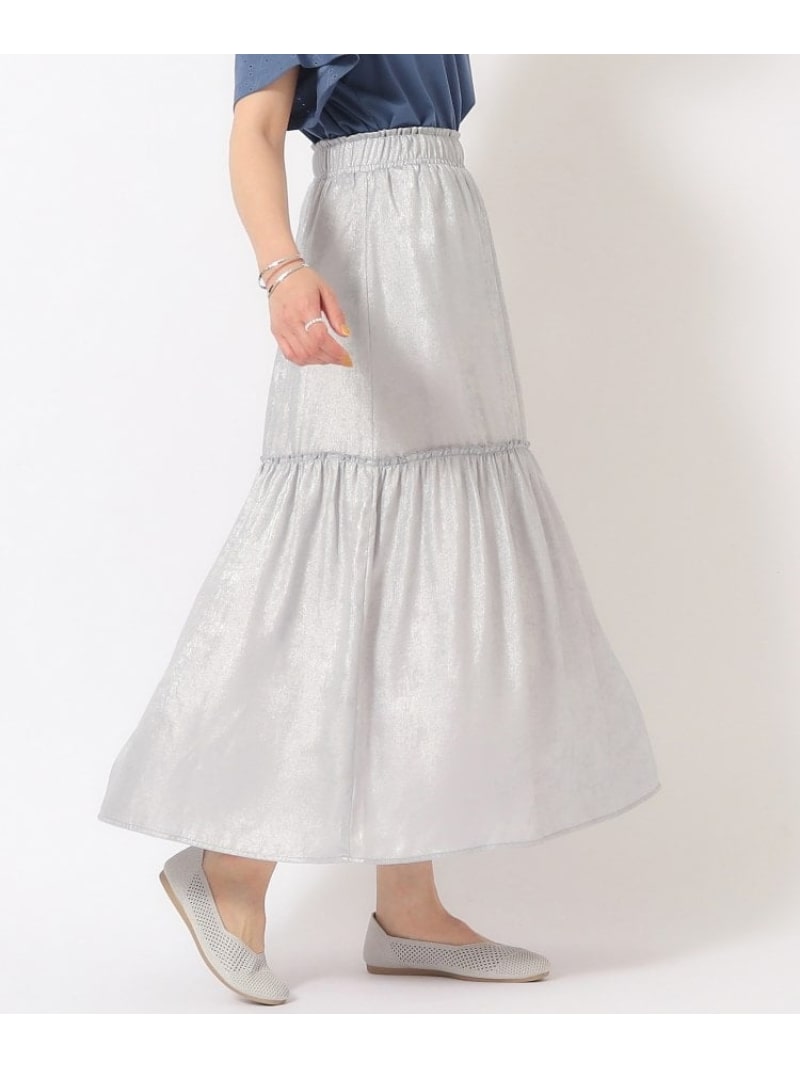 【SALE／50%OFF】キラキラ箔プリント ティアードスカート SHOO・LA・RUE シューラルー スカート ロング・マキシスカート ブラック シルバー ピンク【RBA_E】[Rakuten Fashion]