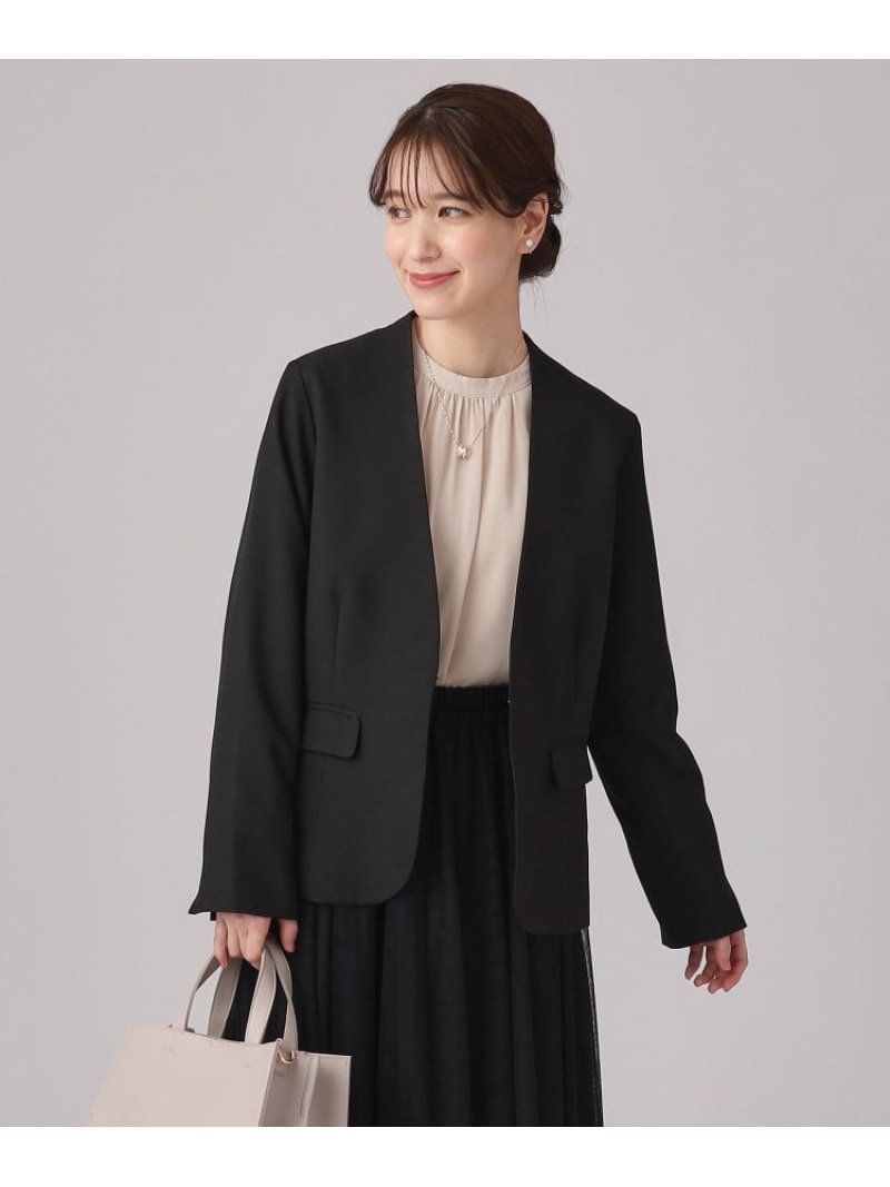 【SALE／10%OFF】【洗える/セットアップ可/通勤/セレモニーにも】ツイル カラーレスジャケット SHOO・LA・RUE シューラルー ジャケット・アウター ノーカラージャケット ブラック ベージュ ネイビー【RBA_E】【送料無料】[Rakuten Fashion]