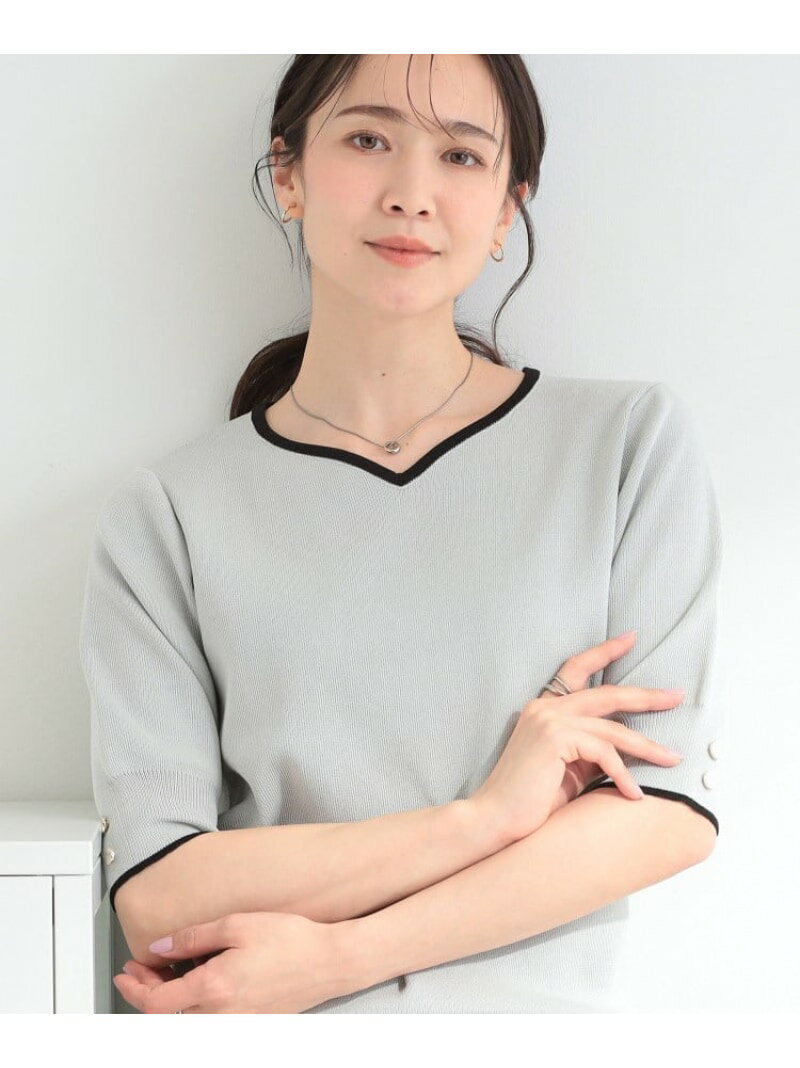 乐天商城 - 【洗濯機可/UV/5分袖】ハートネックでお顔周りすっきり バイカラーニット SHOO・LA・RUE シューラルー トップス ニット パープル ネイビー[Rakuten Fashion]