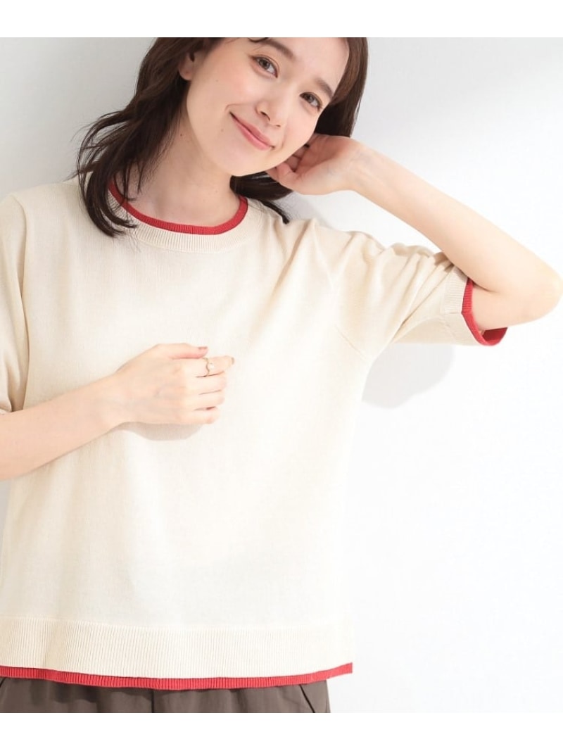 Rakuten - 【二の腕隠れる/コットン混】配色使いで差がつく 洗える五分袖ニット SHOO・LA・RUE シューラルー トップス ニット ホワイト ネイビー グレー[Rakuten Fashion]
