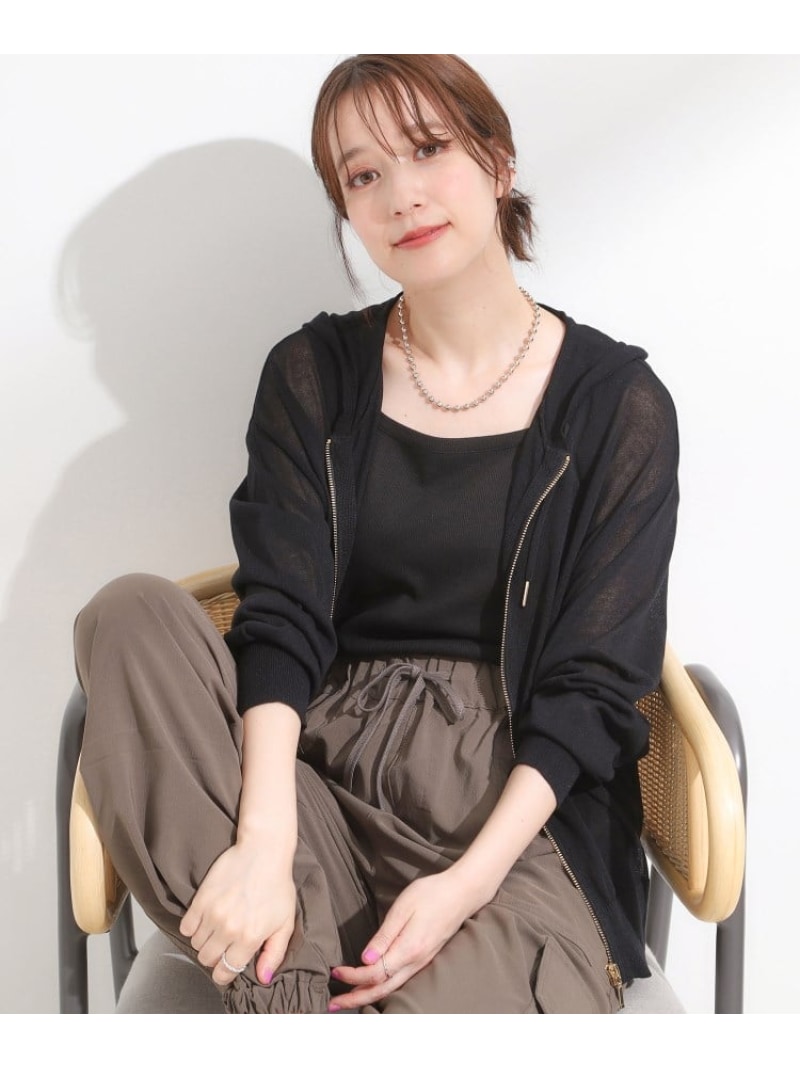 冷房対策にも 上品なシアー感のニットパーカ SHOO・LA・RUE シューラルー トップス カーディガン ブラック イエロー グレー【送料無料】[Rakuten Fashion]