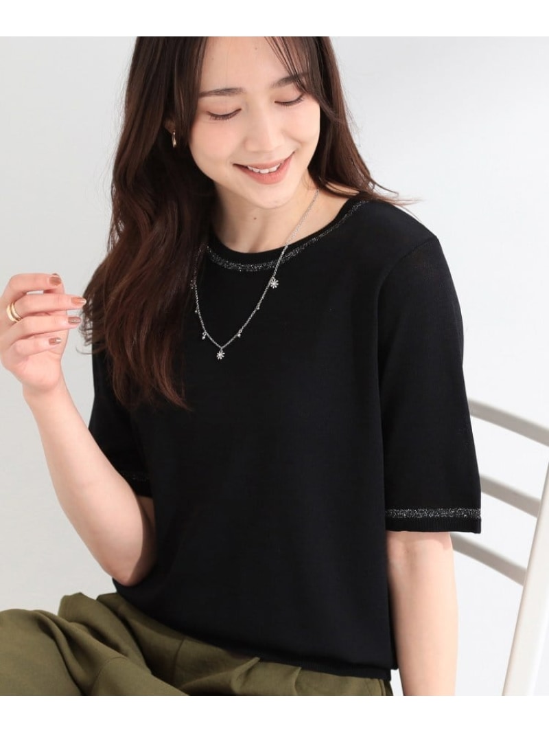 乐天商城 - 【洗濯機可/S-LL】キラッと華やか ラメライン五分袖ニット SHOO・LA・RUE シューラルー トップス ニット グリーン ブラック[Rakuten Fashion]