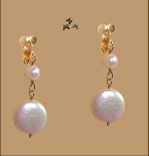 コインパール ロングイヤリング/大粒/白/コイン型真珠 ロングイアリング/誕生石/カラーストーン/ゴールドトーン 揺れるイヤリングマルチカラー