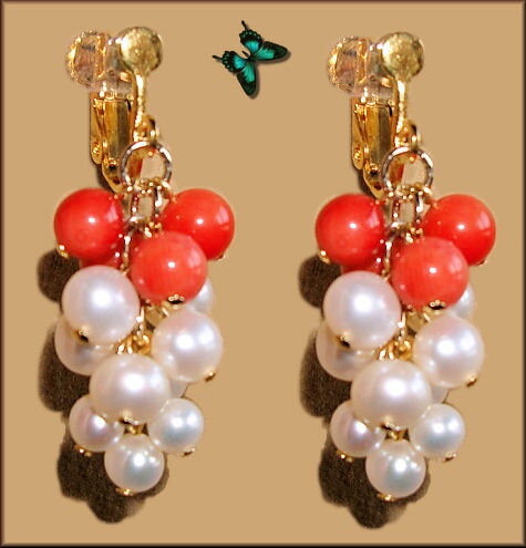 白真珠 赤サンゴ　ぷるぷるロングイヤリング　ロングピアスもあり