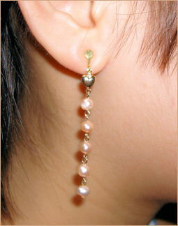 YG18K/18k金　ゴールド ハッピーハート＆ピンク真珠スウィングロングピアス