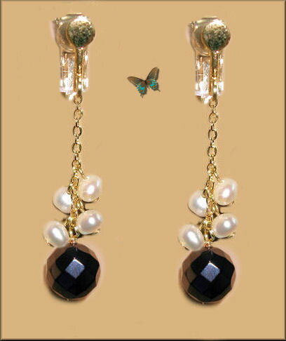 Pearl - ブラックオニキス 白真珠 揺れるロングイヤリング ホワイトパール 64面カット ブラックストーン パワーストーン