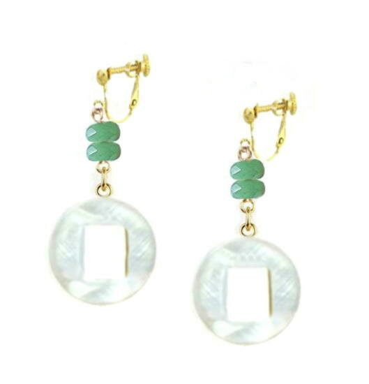 リング サークル シェル 貝 グリーンストーン イヤリング インド翡翠 フープイヤリング ゴールド