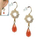 ピアス レディース YG18K/18k /金/ゴールド/花/フラワー/フープ/リング/レッドカーネリアン/揺れるロングピアス/ドロップ/カラーストーン