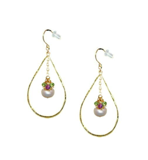 K18フックピアス/大粒真珠パール、ペリドット、アメジストピアス/大ぶりフープ揺れるロングピアス