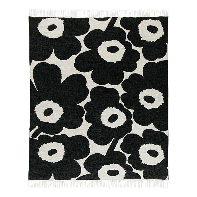 マリメッコ marimekko ウニッコ ウールブランケット （ホワイト×ブラック） Unikko blanket 130x180cm 068994 190 インテリア ひざ掛け 大判サイズ フリンジ 花柄 北欧 プレゼント 雑貨 おしゃれ かわいい ギフト対応 【送料無料】