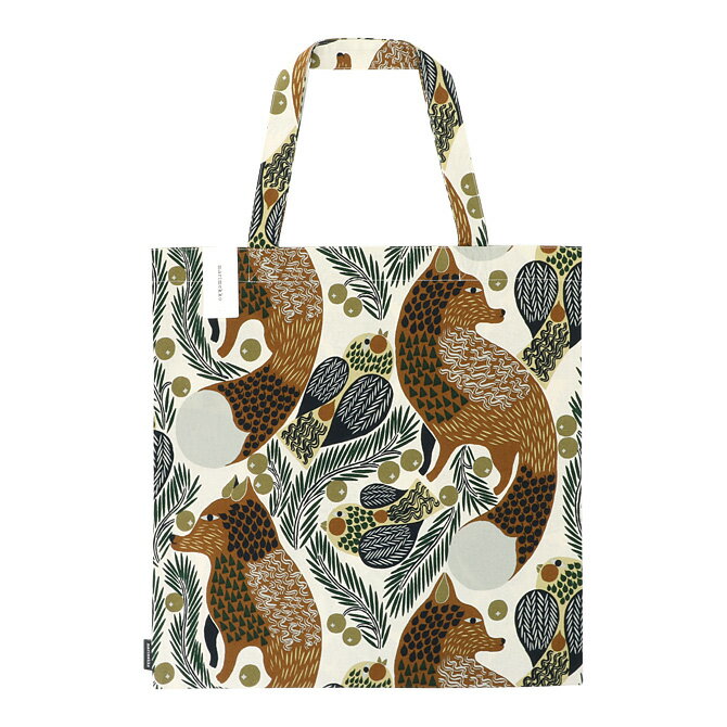 マリメッコ marimekko ピエニ ケトゥンマルヤ ファブリックバッグ 44x43cm （ブラウン×コットン×グリーン） 072803 882 Pieni Ketunmarja Tote Bag エコ トートバッグ サブバッグ 北欧 プレゼント きつね 狐 鳥 ギフト対応 【送料無料（一部地域除く）】のサムネイル