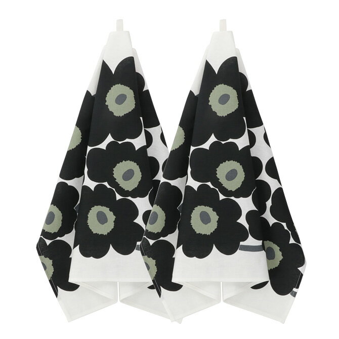 マリメッコ marimekko ウニッコ ティータオル 2枚セット （ホワイト×ブラック） Unikko tea towel 47x70cm 070683 030 キッチンタオル キッチン雑貨 花柄 フラワー北欧 プレゼント 白 黒 定番 かわいい おしゃれ ギフト対応 【送料無料（一部地域除く）】