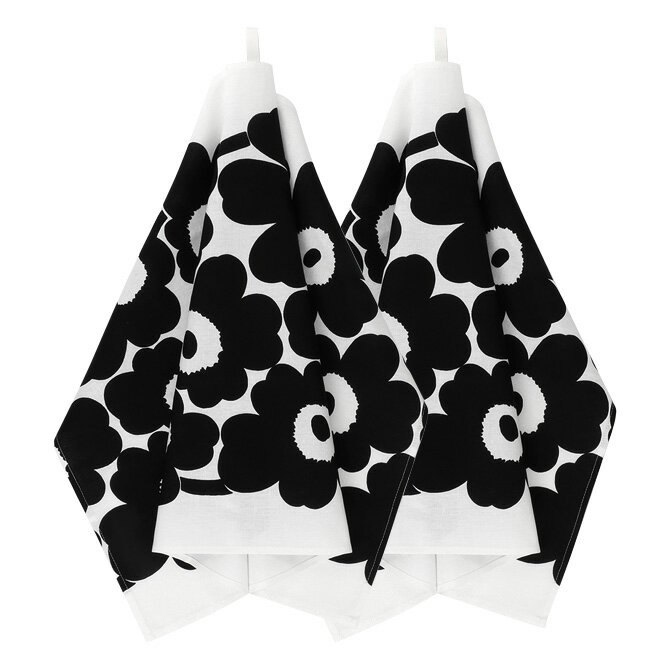 マリメッコ marimekko ウニッコ ティータオル 2枚セット （ブラック×ホワイト） Unikko tea towel 47x70cm 070683 190 キッチンタオル キッチン雑貨 花柄 フラワー北欧 プレゼント 白 黒 定番 かわいい おしゃれ ギフト対応 【送料無料（一部地域除く）】