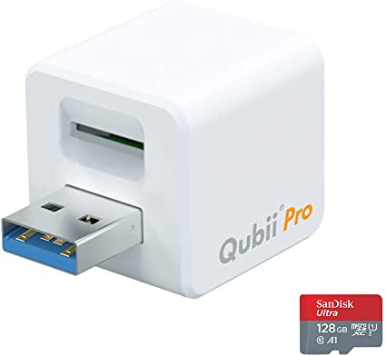 Maktar Qubii Pro ホワイト (microSD 128GB付) 充電しながら自動バックアップ iphone usbメモリ ipad 容量不足解消 写真 動画 音楽 連絡先 SNS データ 移行 SDカードリーダー 機種変更 MFi認証