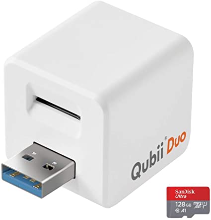 Maktar Qubii Duo USB Type A ホワイト (microSD 128GB付) 充電しながら自動バックアップ SDロック機能搭載 iphone バックアップ usbメモリ ipad 容量不足解消 写真 動画 音楽 連絡先 SNS データ 移行 SDカードリーダー 機種変更 MFi認証
