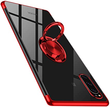 スマホケース Xperia 5 ケース SO-01M / SOV41 リング クリア TPU 耐衝撃 エクスペリア5 シリコン 薄型 スリム メッキ加工 傷つけ防止 スタンド機能 車載ホルダー対応 一体型 スマホ保護カバー (レッド)