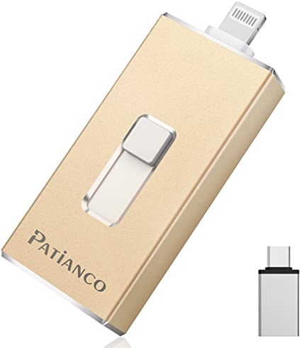 Patianco 128GB iphone usbメモリ Lightning メモリー フラッシュドライブ 外付けメモリ lightning/USB/Type-Cコネクタ搭載 写真保存 usb 容量不足解消 バックアップ（ゴールド)