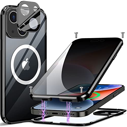 iPhone 14 用 ケース 360°全面保護 [両面9H強化ガラス] [一体型レンズ保護]MagSafe対応 プライバシ一保護 磁気吸着 アルミバンパー マグネット式 ワイヤレス充電対応 耐衝撃 金属 ケース 高感度 スマホケース 6.1インチ(ブラック)