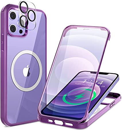 HAUTRKBG iPhone 12 Mini 用 ケース クリア 両面強化ガラス 360°全面保護 [MagSafe対応] [100％画面感度] マグセーフ ワイヤレス充電対応 米軍MIL規格取得 耐衝撃 アイフォン 12 Mini透明 スマホケース 人気 5.4インチ(パープル)