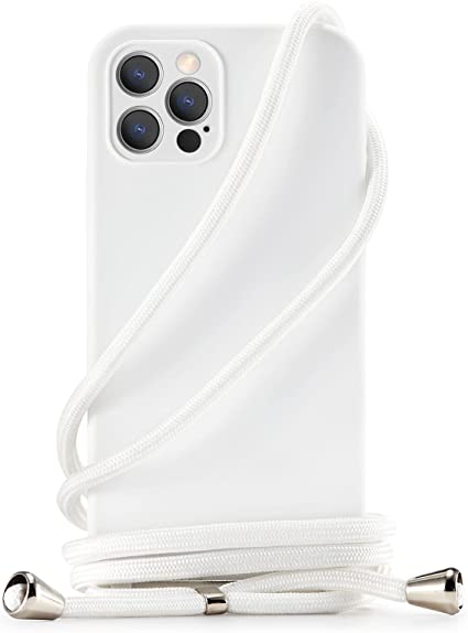 iPhone 12Pro Max 用 ケース カバー ネック ショルダー ストラップ付き スマホ シリコン 斜めがけ 織りストラップ付き 調節可能なショルダー クロスボディ 白