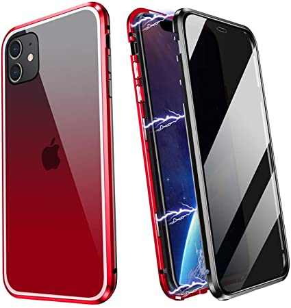 表裏 両面ガラス 覗き見防止 iPhoneXr ケース グラデーション ガラス フルカバー アルミ バンパー マグネット式 360度 全面保護 クリア グラデーション液晶ガラス 背面強化ガラス磁石 表裏 前後 アイフォン 全面ガラス 両面カバー (iPhoneXR, グラデーション赤)