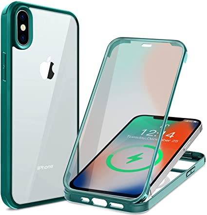 iPhone X/ iPhone XS 用ケース 360°全面保護 [両面強化ガラス] [100％画面感度]フルカバー ワイヤレス充電対応 米軍MIL規格取得 耐衝撃 アイフォンX スマホケース 人気 5.8インチ (グリーン)