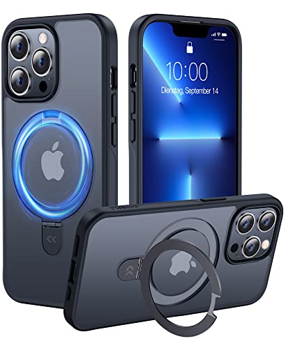 CASEKOO iPhone13 Pro Max 用 ケース 隠し収納式 米軍MIL規格 耐衝撃 スマホケース 薄形半透明 マット仕上げ 指紋防止 ストラップホール付き ワイヤレス充電対応 スタンド機能付き Magsafe対応 2023年新型 アイフォン 6.7インチ カバー（ブラック）