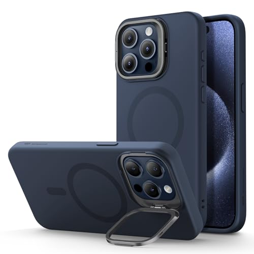 iPhone 15 Pro Max用 ケース スタンド付き MagSafe シリコンケース ミリタリーグレードの保護 カメラ隠れスタンド内蔵 マグネットスマホケース ブルー
