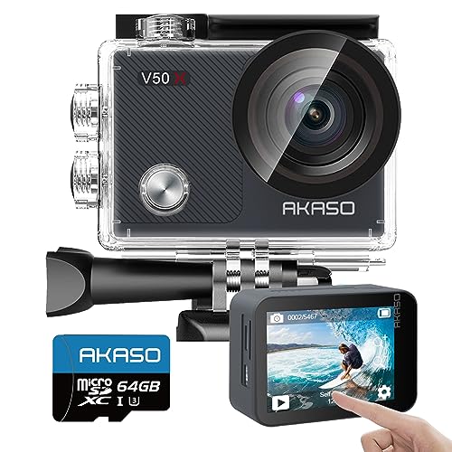 AKASO アクションカメラ V50X，4K30fps 20MP 64GB SDカード付き 新版6軸手ぶれ補正 4Xズーム WiFi対応 小型アクションカム 30M防水 タッチスクリーン式 ウェアラブルカメラ HDMI出力 外部マイク対応 水中カメラ