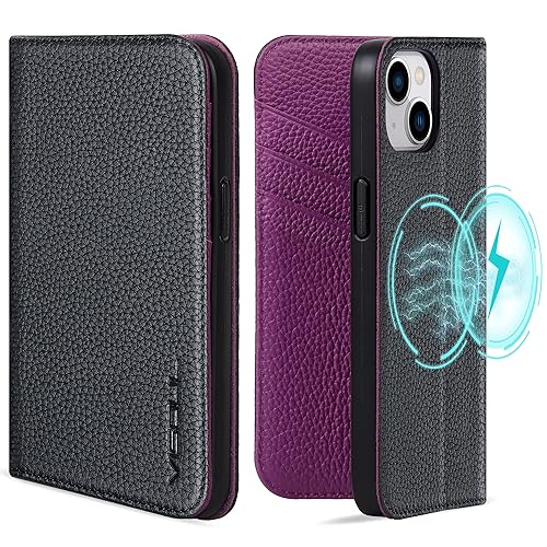 スマホケース iPhone15 対応 ケース 手帳型 本革 MagSafe対応 アイホン15 手帳 レザー カード収納 全面保護 柔軟なTPU素材 マグネット式 携帯カバー スタンド機能付き 6.1インチ アイフォン15 (ブラック.パープル)
