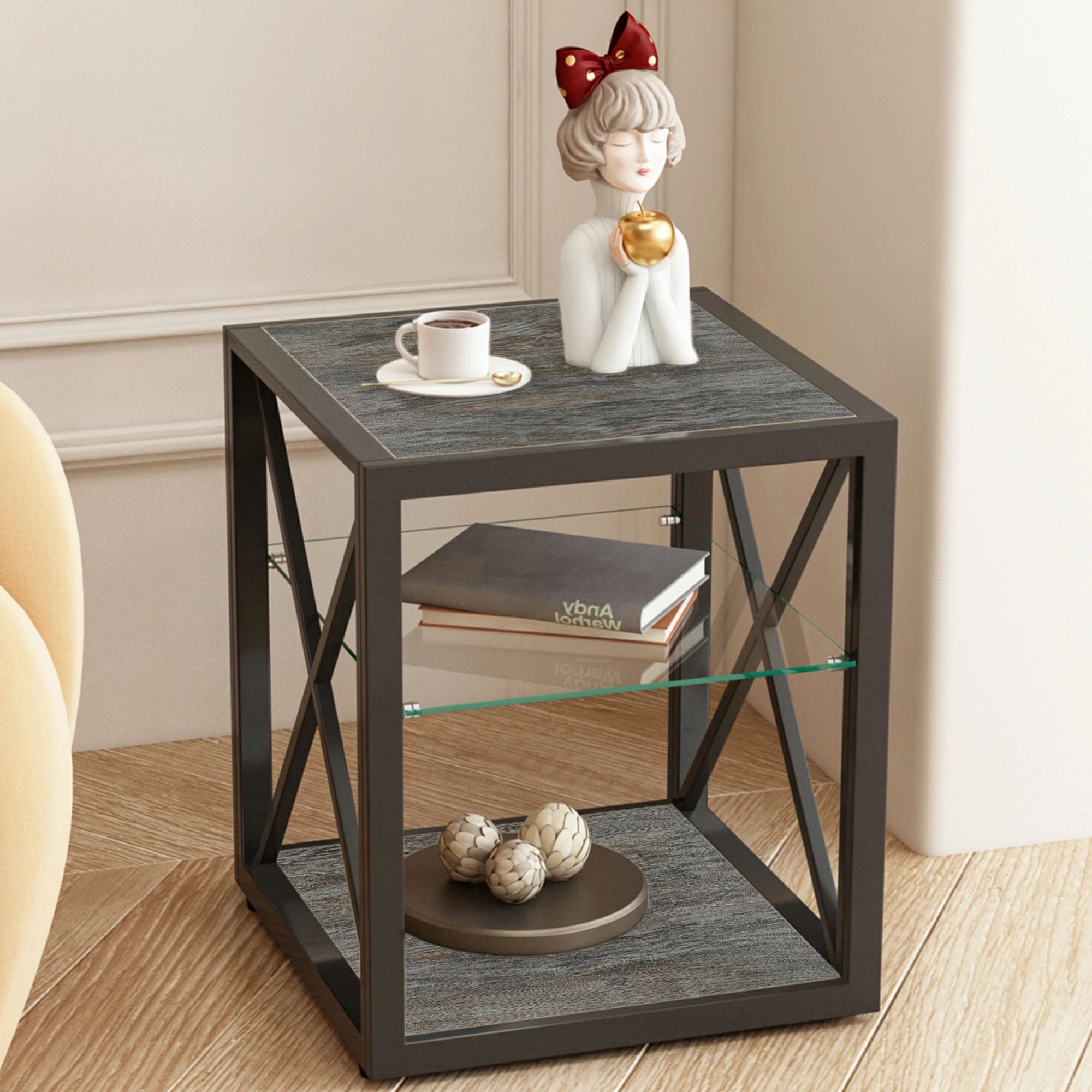 エンドテーブル モダンサイドテーブル 寝室?リビング用 強化ガラス天板×ウッド調MDF インダストリアルスタイル エンドテーブル おし