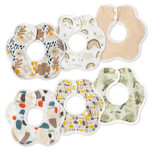 [ComfortU]よだれかけベビービブスタイ6枚セット4層構造二重ガーゼ綿防水シート入り吸水速乾柔らかい花..
