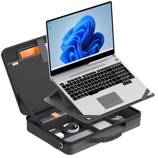 モデル番号:Smatree MobileBase A485S。ベーススタンドに付きのノートパソコンハードケース、どこへ行ってもあなたのノートパソコンのベースになります。外形寸法:15.5 x 11.2 x 3.1 インチ(39.5cm x 28.5cm x 8cm)(長さ x 幅 x 高さ); 内部寸法:14.6 x 10.0 x 0.8 インチ(37 x 25.5 x 2 cm)(長さ x 幅 x 高さ);重量:3.3 ポンド 最新デザインを採用した「Standeeve」:ノートパソコンスタンドとスリーブの2in1。スタンドからスリーブへ、シンプルで実用的なデザイン。ノートパソコンスリーブとスタンドを数秒で切り替え可能。片側はノートパソコンを固定し、もう片側は調整可能なスタンドに折りたたみ、より良い視認性とタイピング環境を実現します。