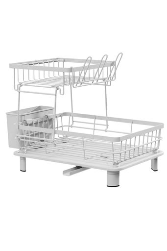 【商品詳細】2 段式食器水切りラックです。サイズは約 38x31x28cm。縦型設計により多数の食器を収納でき、狭いキッチンスペースを有効活用できます。 【高品質素材】本体は防錆加工を施した鉄素材を採用し、錆びにくく耐久性に優れます。構造が頑丈でガタつかず、傷もつきにくいため、長期間安心してご使用いただけます。 【大容量 &amp; 省スペース】コンパクトなボディながら収納力抜群で、家族分の食器をまとめて収納可能。専用箸立てを備え、箸や包丁などのキッチン小物もすっきり整理できます。 【自在排水設計】排水ホースは 360° 回転かつ長さ調整に対応し、シンクへスムーズに排水できます。水溜まりを防いで衛生状態を保ち、排水に関するトラブルを解消します。 【使い勝手抜群】工具不要で簡単に組み立て可能。各部を分解して丸洗いできるため、お手入れも非常に楽です。毎日の食器洗いを快適にする、長く愛用できるキッチンアイテムです。
