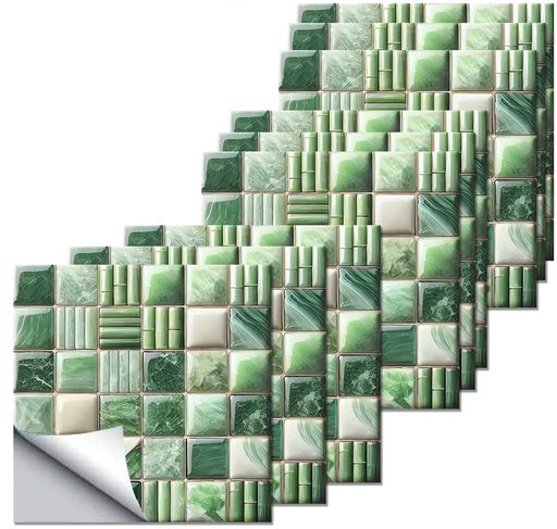 モザイク柄タイルステッカー20枚セット10x10cm水まわりOK耐熱タイプ全6種カット済み装飾シート(緑色10x..