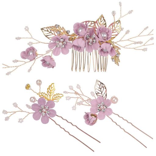 髪飾りヘアアクセサリーヘッドドレスパールフラワーコームUピンヘアピンかんざしウェディング披露宴二次会卒業式入学式パーティー和装用髪飾り【Ron-velk】(パープル)