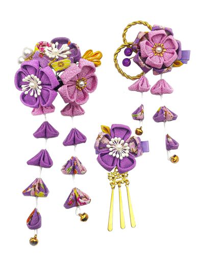 JZOON髪飾りつまみ細工七五三成人式浴衣袴着物振袖和装花卒業式結婚式鈴付き手作り紫