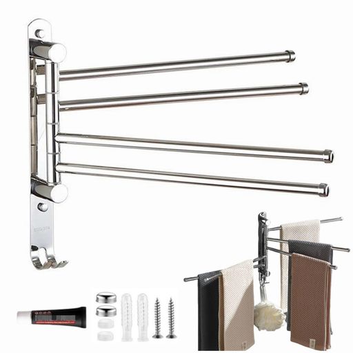 タオル掛けスイングアームステンレス製回転式タオル掛けタオル干し180°回転2Way粘着とネジ止めタオルバ..