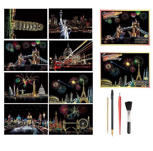 8枚入りスクラッチアートはがきタイプ削るだけで美しいアート面白い塗り絵桜花火世界の夜景有名な観光..