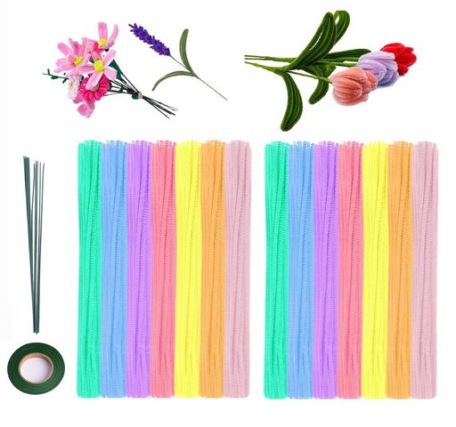 DIFEIUKI手芸モール300本マカロン色DIY造花花束カラーモール手作りキットお花モールアート曲げ可能記念日誕生日母の日贈り物人工花茎30本フラワーテープ1巻付き